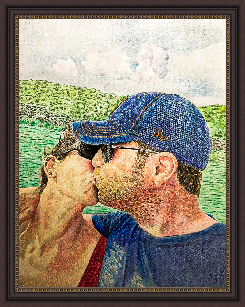 Colored pencil drawing of a couple sharing a kiss by a lake